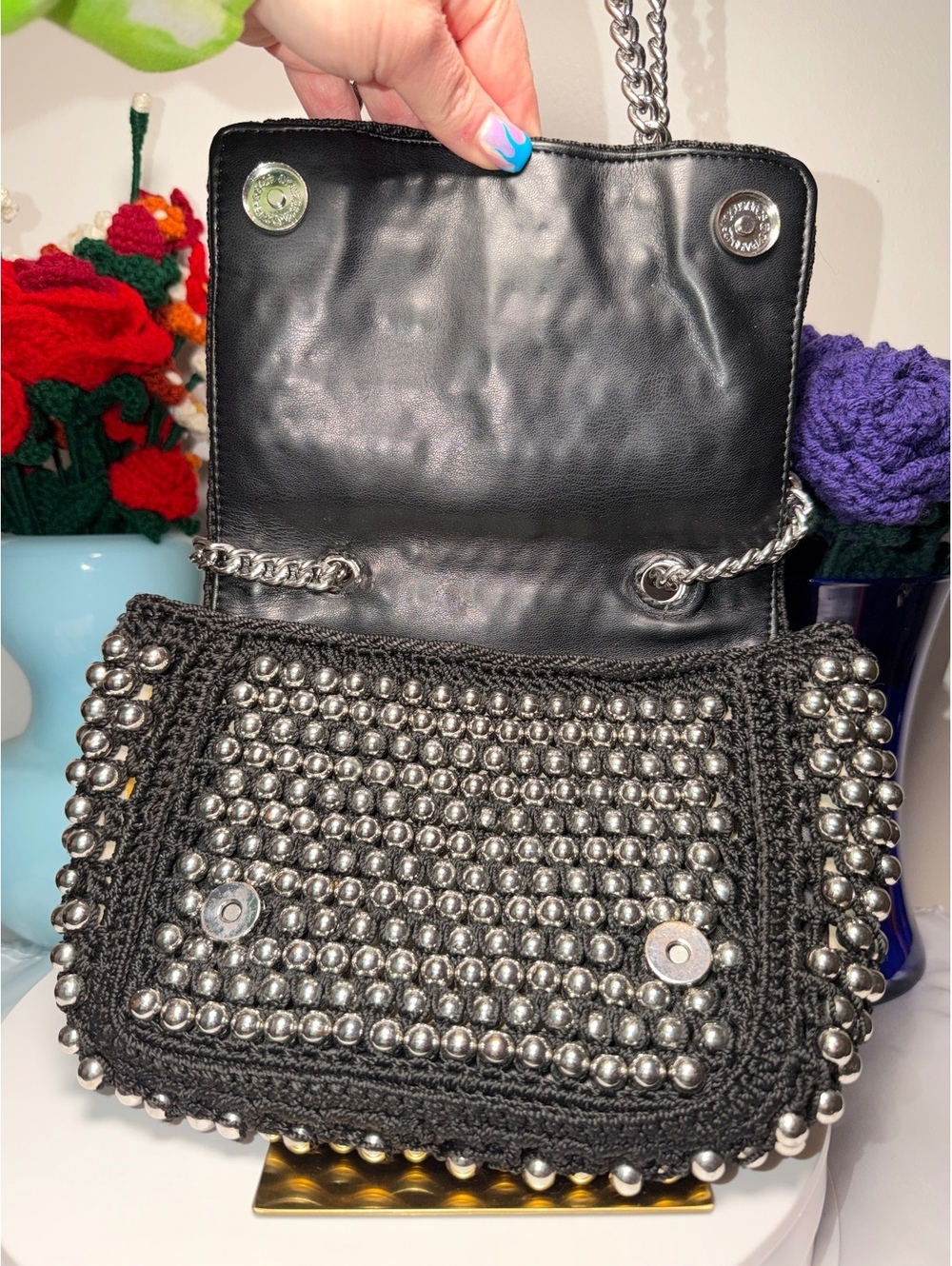 Kurt Geiger Black Crochet Bag with Silver Bead Embellishments EUC - Picture 6 of 10